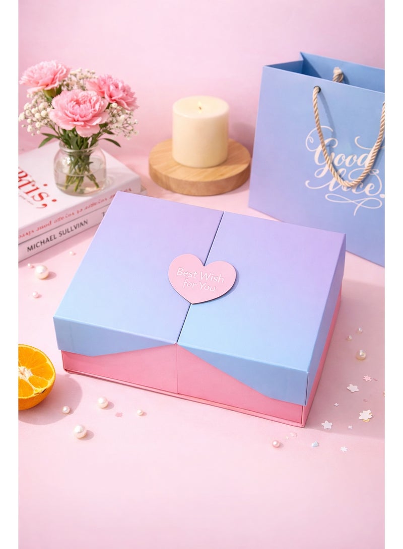 دائرة مربعة علبة هدايا فاخرة بتدرج أزرق ووردي مع إغلاق مغناطيسي وملصق قلب – صندوق تغليف أنيق للهدايا لعيد الميلاد، الأعراس، المناسبات ورمضان - Image 1